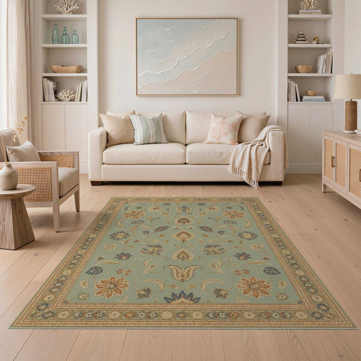 Blue Teal Floral Vintage Area Rug