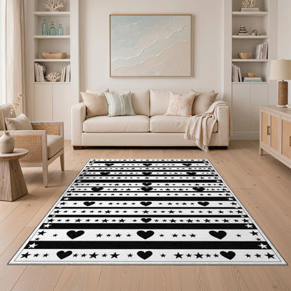 Black White Heart Star Striped Area Rug