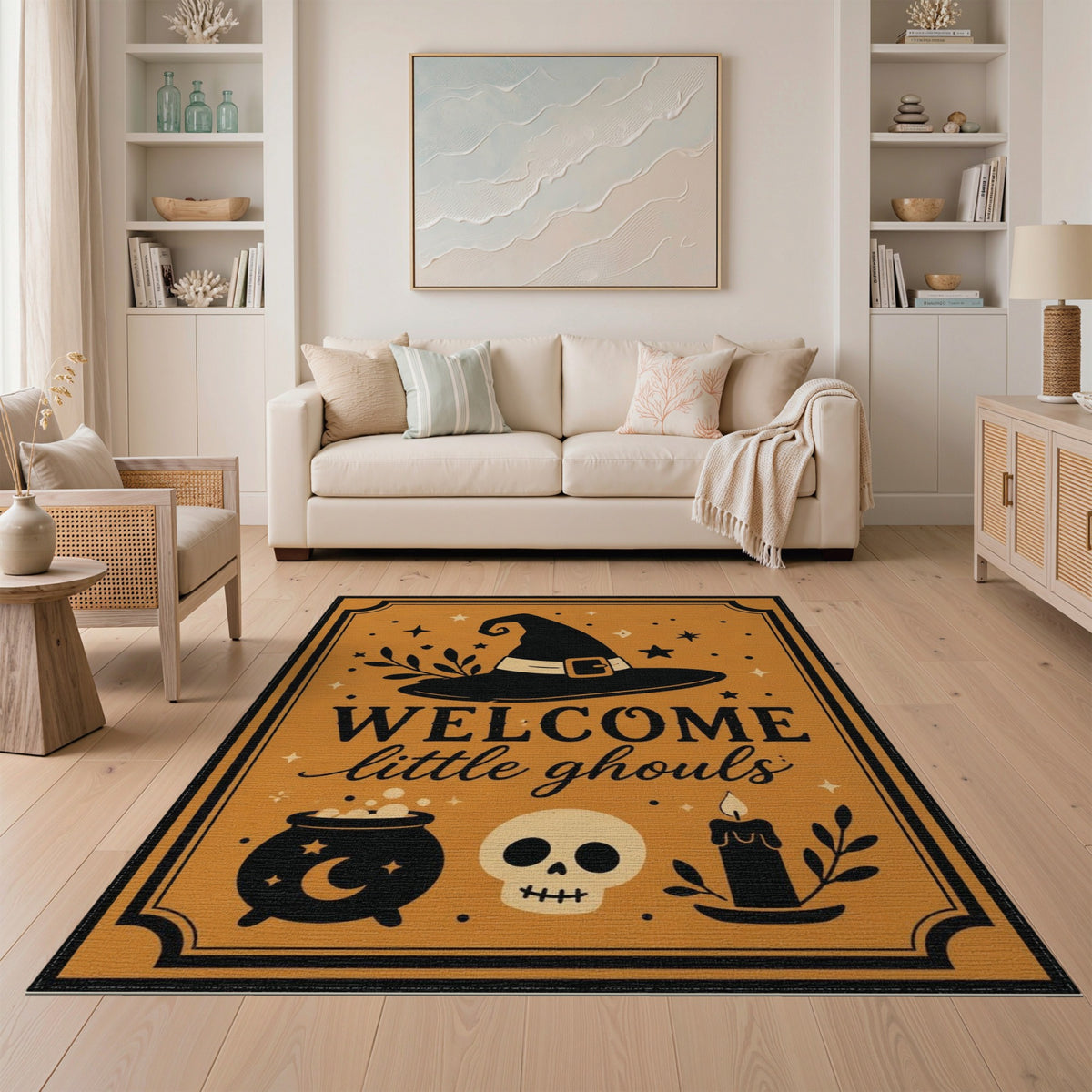 Welcome Little Ghouls Orange Halloween Rug