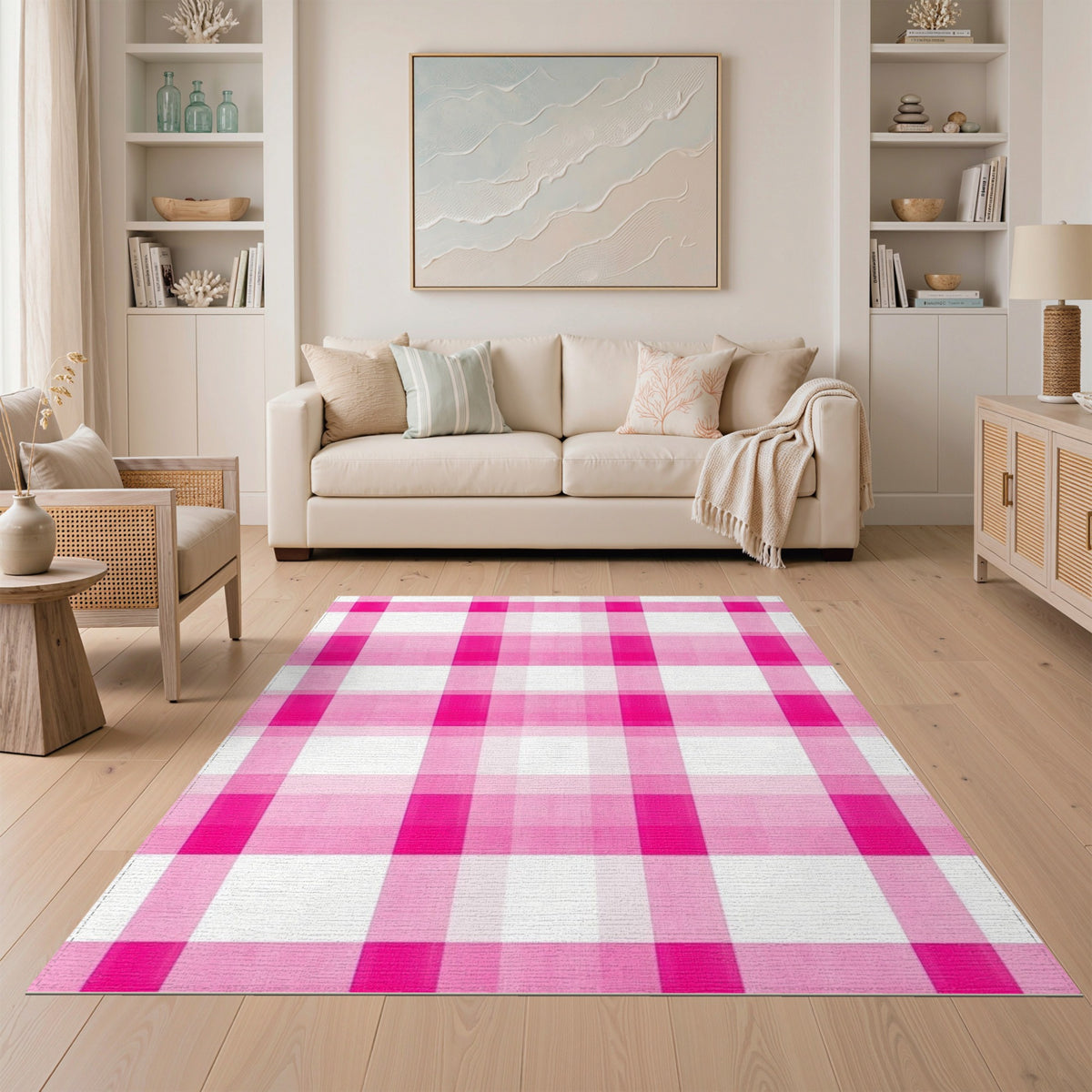 Pink Geometric Modern Pink Gingham Checkered Washable Area Rug