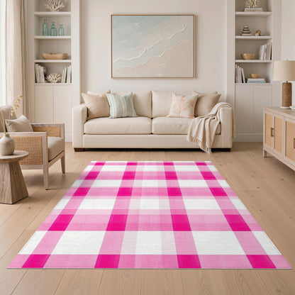 Pink Geometric Modern Pink Gingham Checkered Washable Area Rug