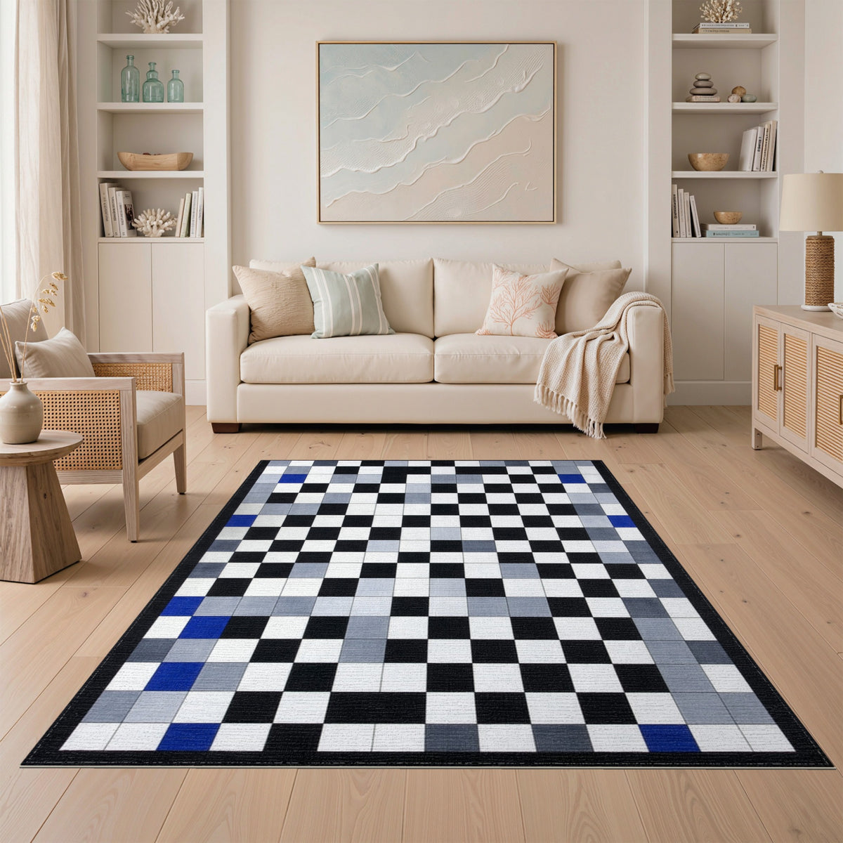 Black White Geometric Area Rug with Blue Accents