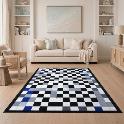 Black White Geometric Area Rug with Blue Accents