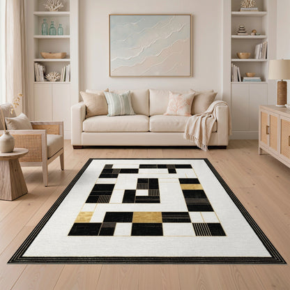 Black and White Black Gold Geometric Modern Area Rug