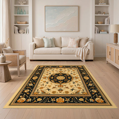 Black and Gold Persian Floral Medallion Rug