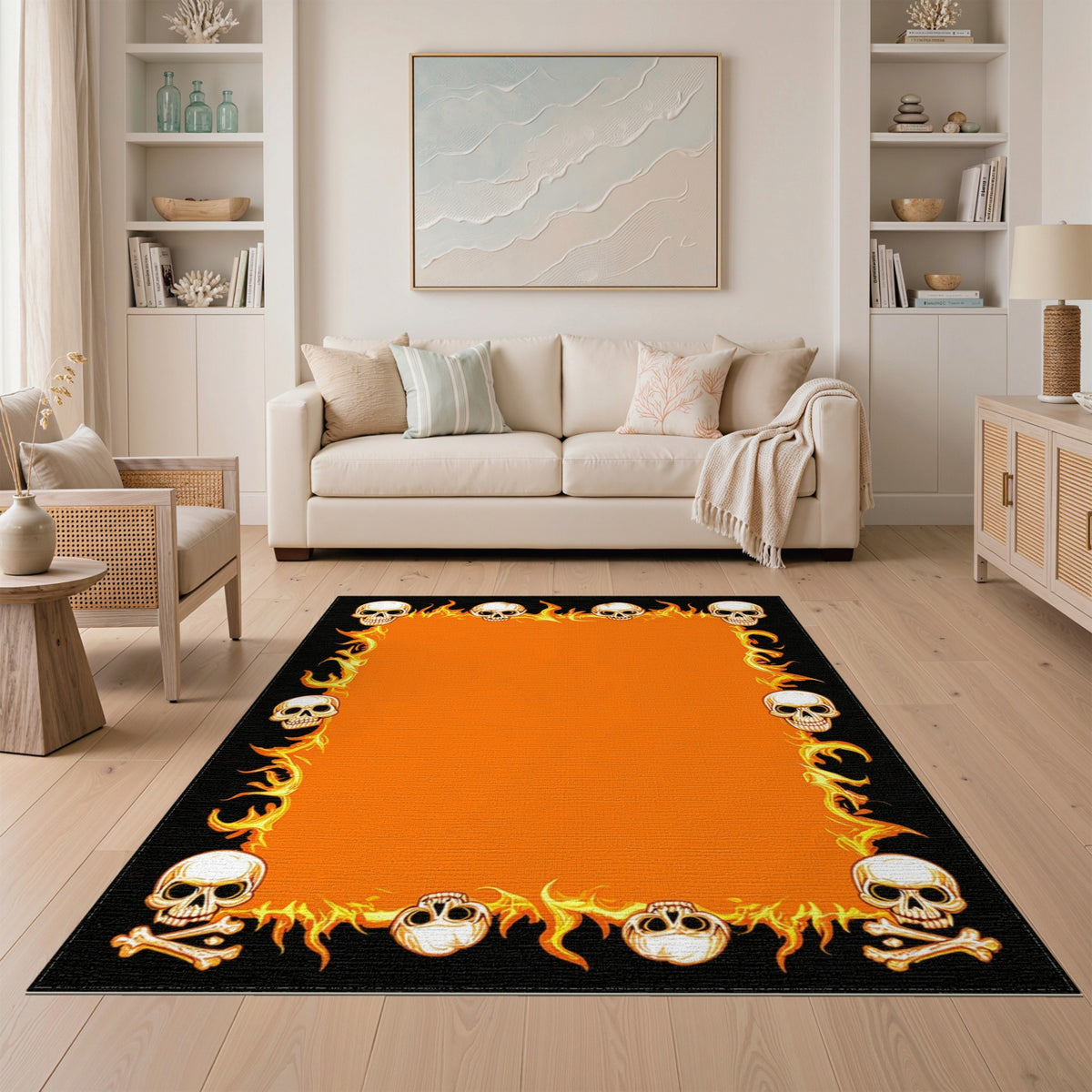 Fiery Skull Flame Orange Area Rug