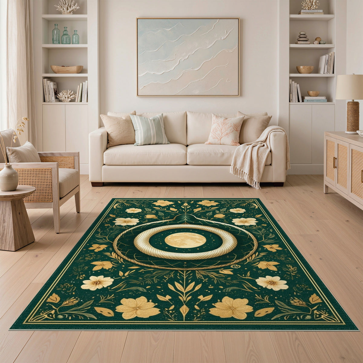 Golden Serpent Moon Floral Green Area Rug