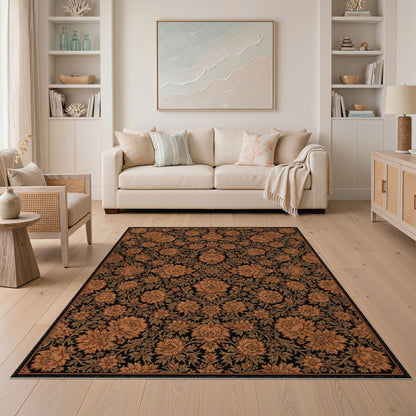Vintage Orange Floral Area Rug on Black