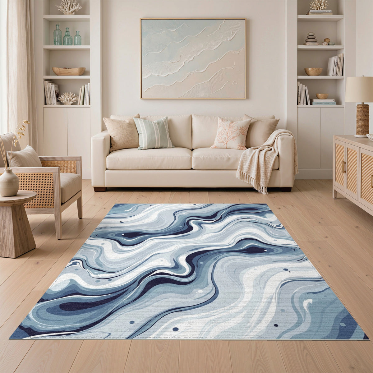 Blue and Teal Blue Swirl Marble Washable Area Rug