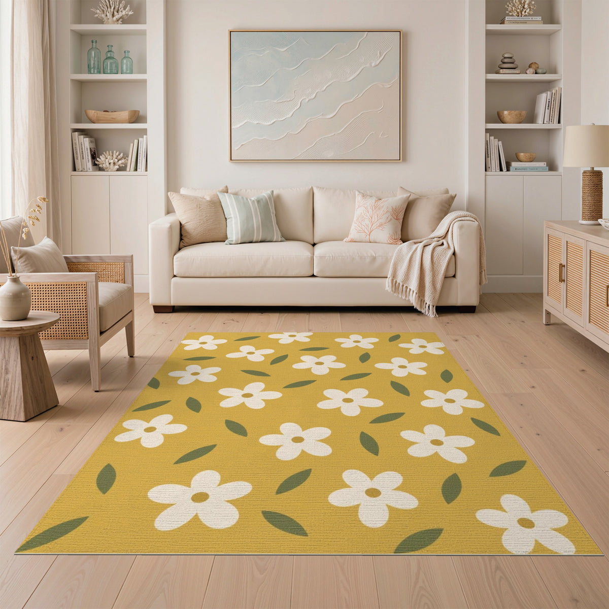Floral Vintage Yellow Floral Washable Area Rug