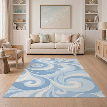 Blue and Teal Blue Swirl Abstract Washable Area Rug