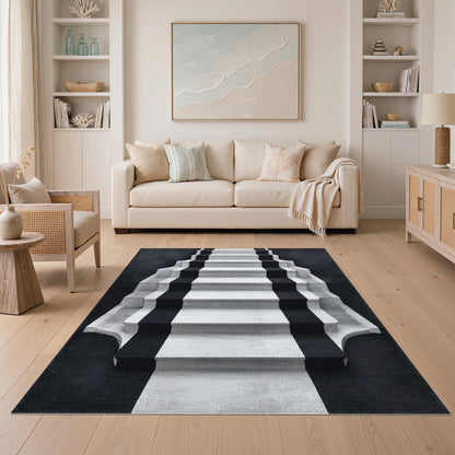 Black White Geometric Staircase Area Rug
