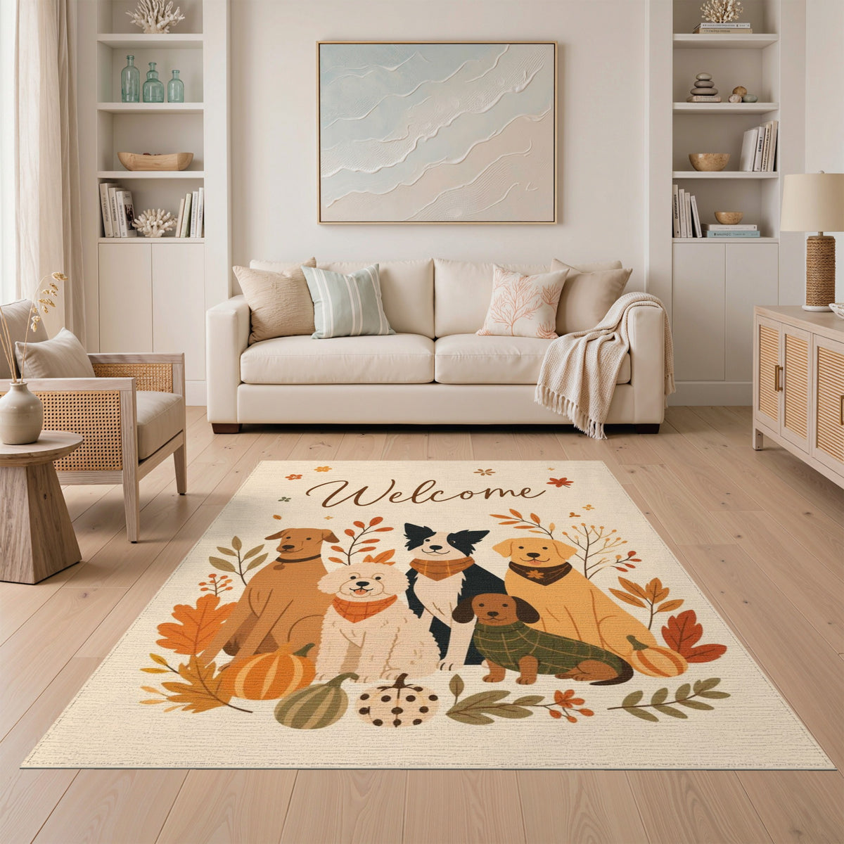 Brown and Tan Autumn Dogs Welcome Area Rug
