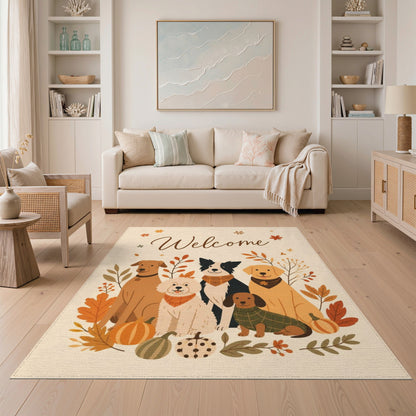 Brown and Tan Autumn Dogs Welcome Area Rug