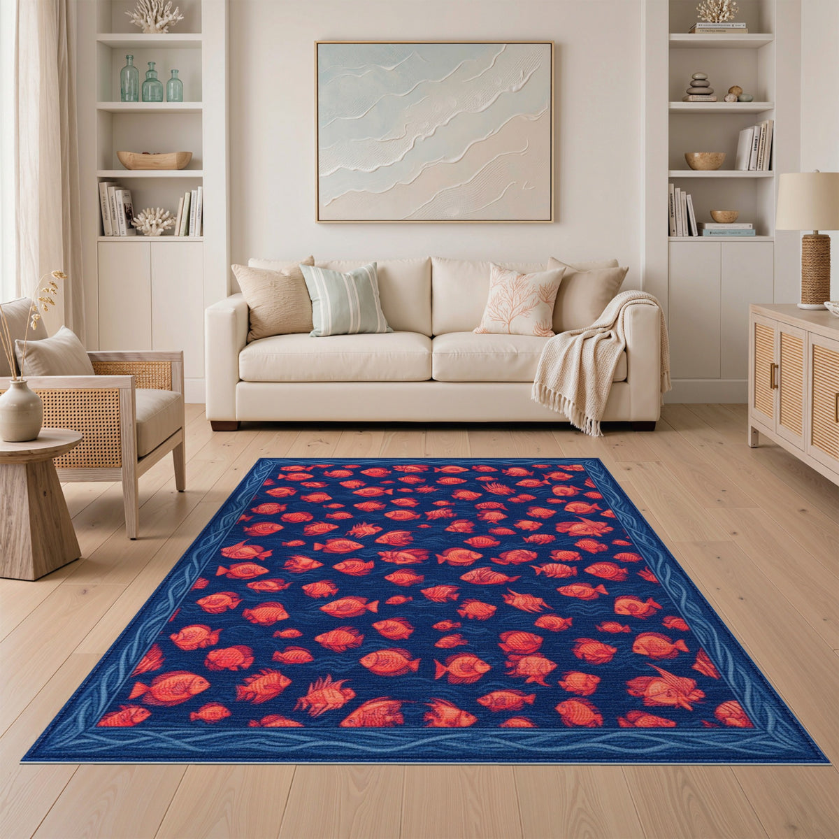 Blue and Teal Coastal Beach Blue Coastal Fish Area Rug