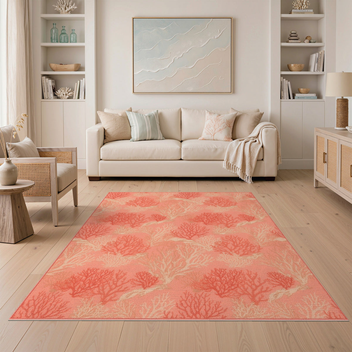 Pink Coastal Beach Pink Coral Reef Coastal Area Rug