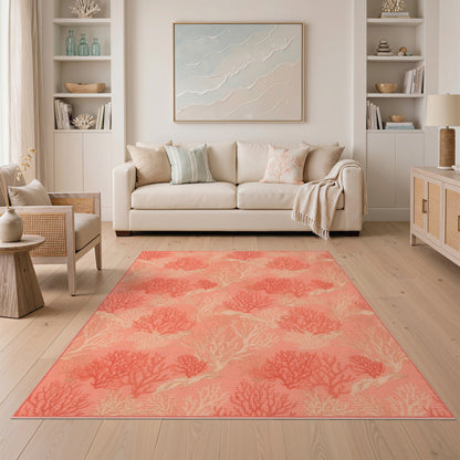 Pink Coastal Beach Pink Coral Reef Coastal Area Rug
