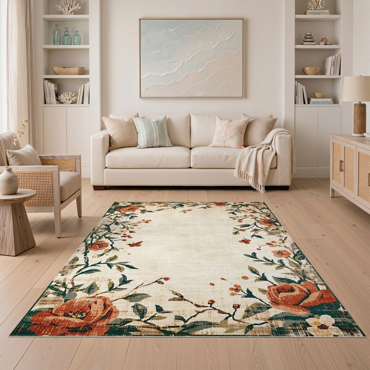 Vintage Floral Beige Area Rug