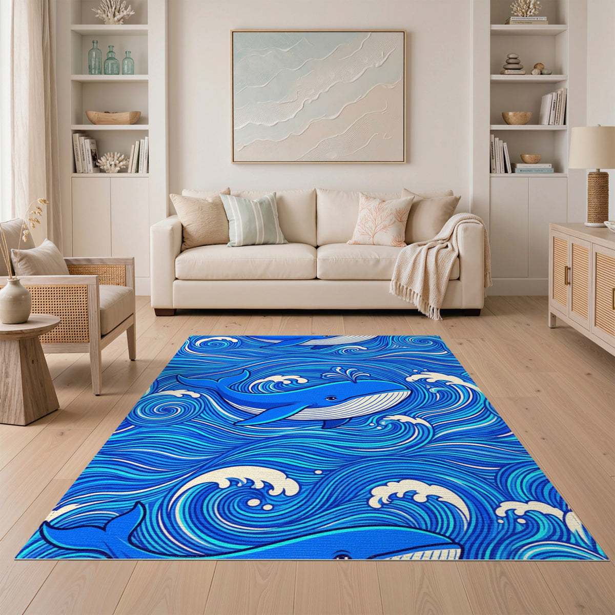 Blue Whale Ocean Waves Washable Area Rug
