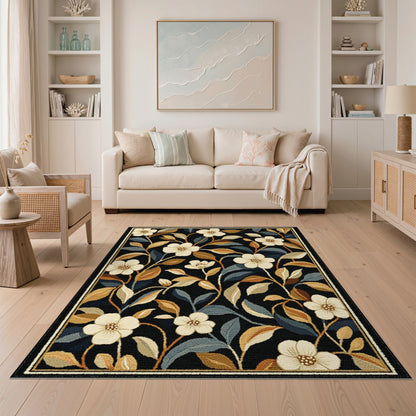 Vintage Floral Black Area Rug with Cream Blooms