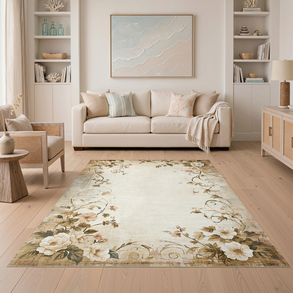 Vintage Beige Rose Floral Area Rug