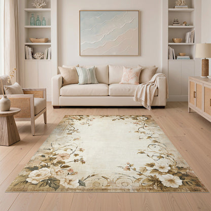 Vintage Beige Rose Floral Area Rug