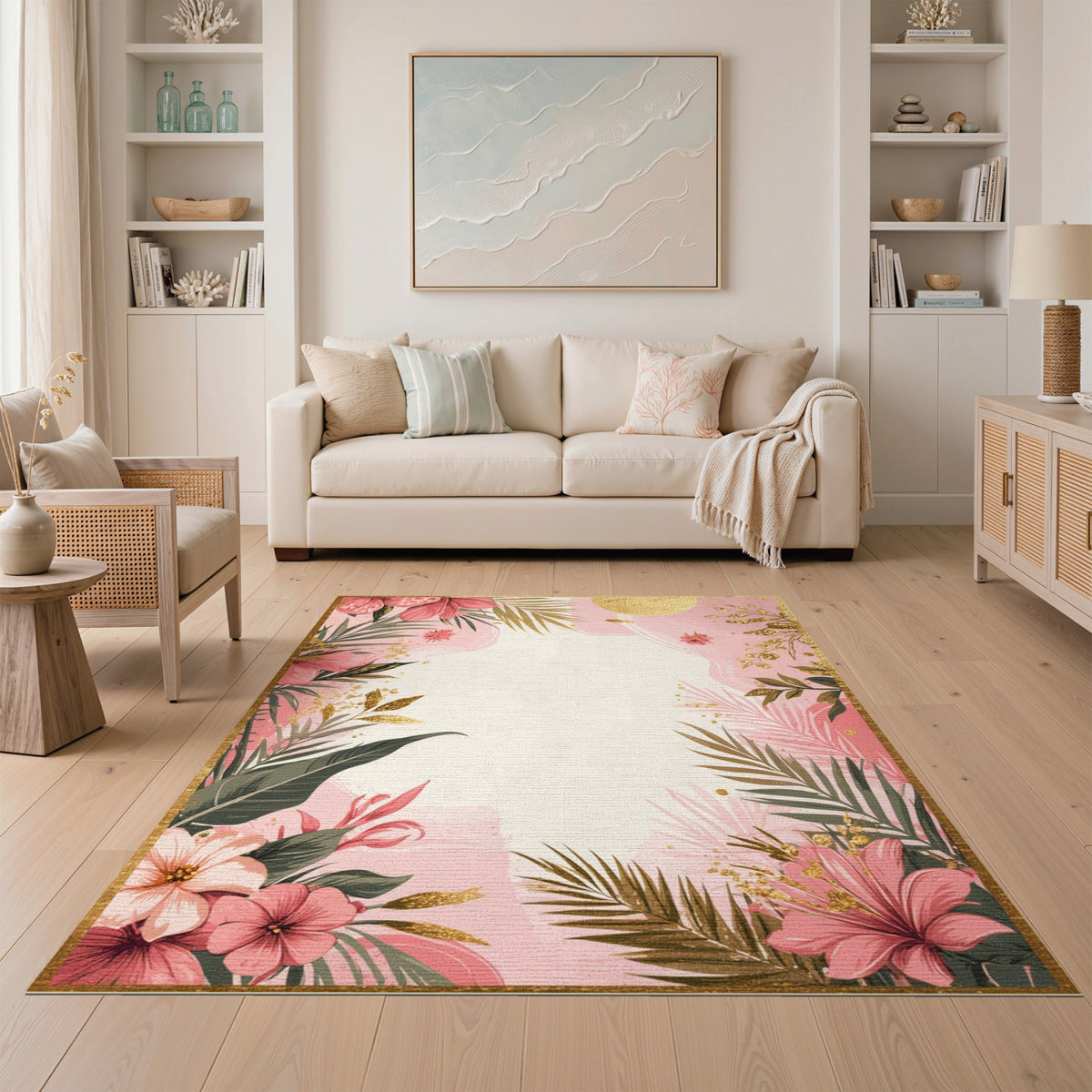 Pink Floral Vintage Pink Floral Gold Washable Area Rug