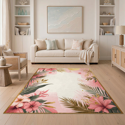 Pink Floral Vintage Pink Floral Gold Washable Area Rug