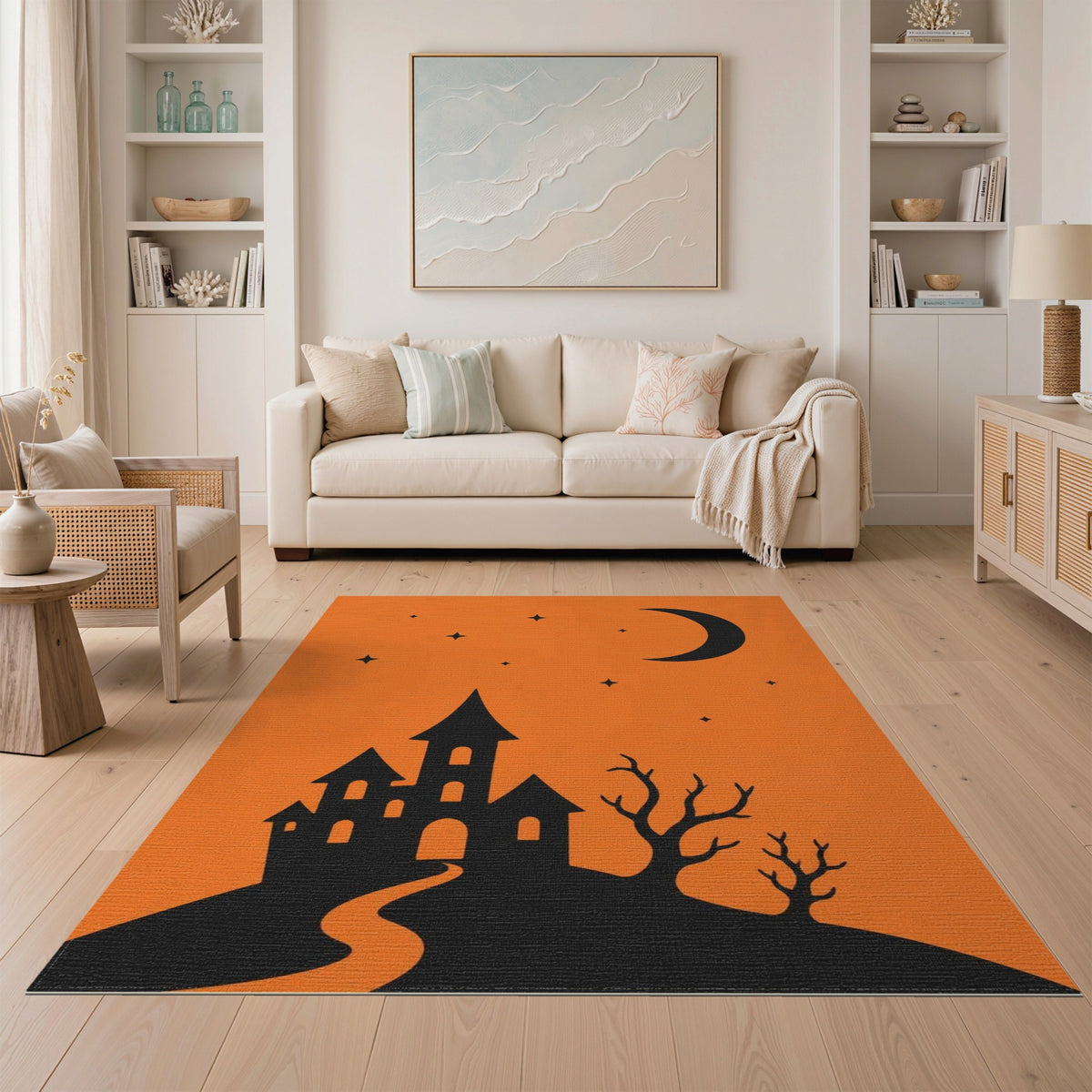 Spooky Orange Castle Area Rug