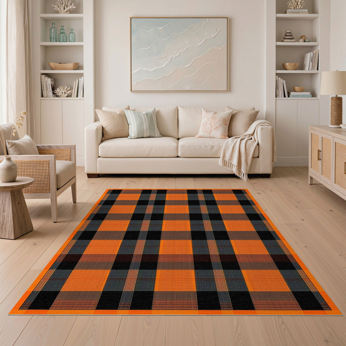 Orange Geometric Modern Orange Black Buffalo Check Area Rug