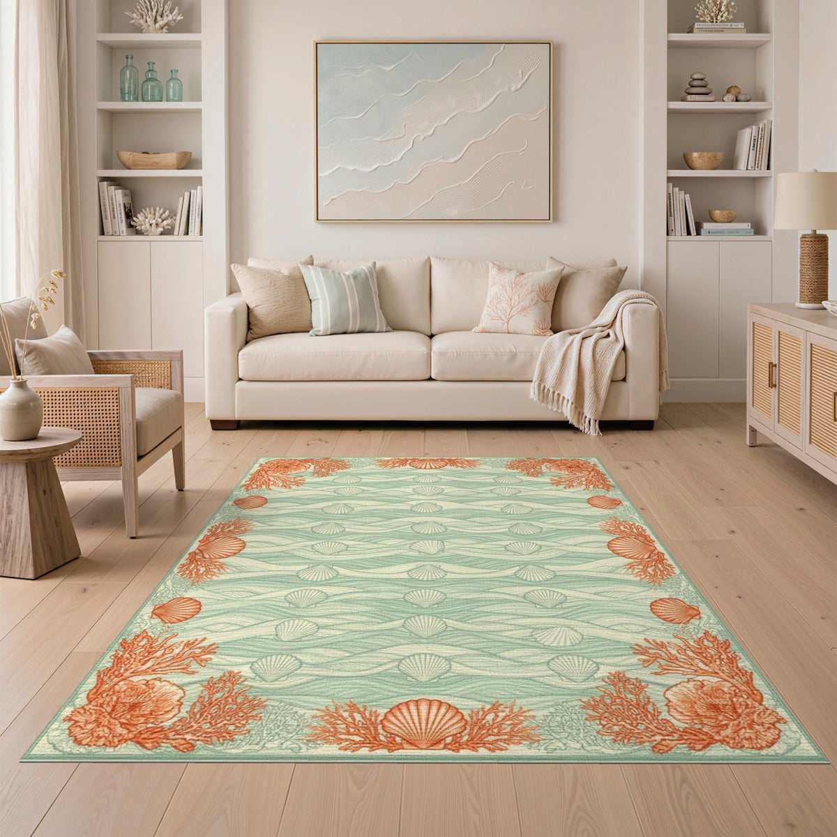 Teal Coastal Seashell Coral Area Rug