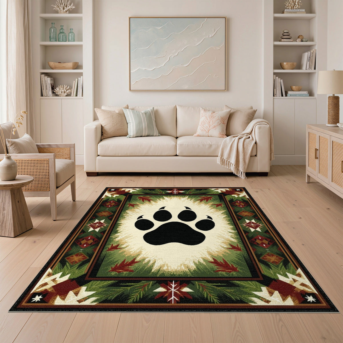 Bear Paw Print Green Rustic Area Rug