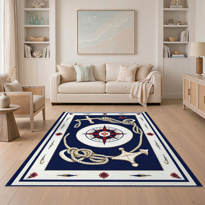 Nautical Compass Anchor Blue Area Rug