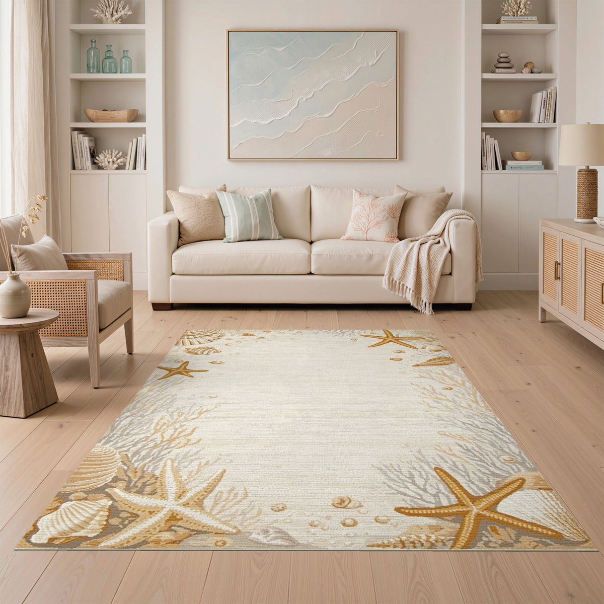 Beige and Neutral Beige Coastal Seashell Starfish Area Rug