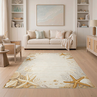 Beige and Neutral Beige Coastal Seashell Starfish Area Rug