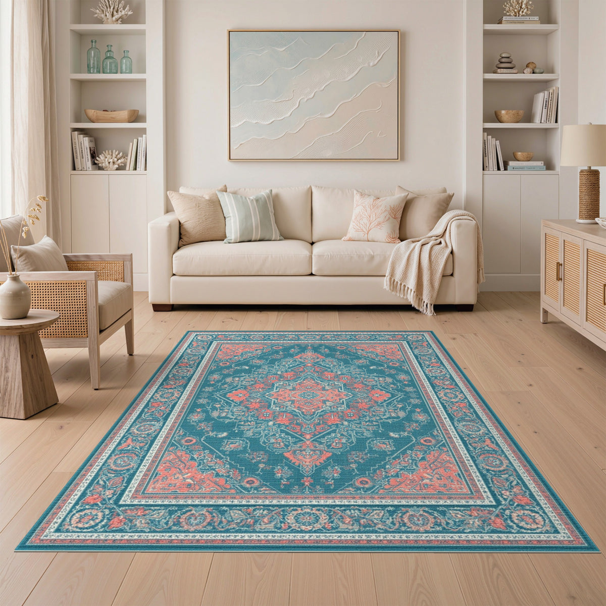 Teal Coral Traditional Persian Area Rug