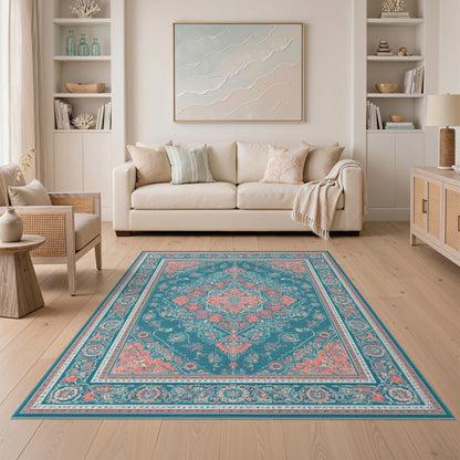 Teal Coral Traditional Persian Area Rug