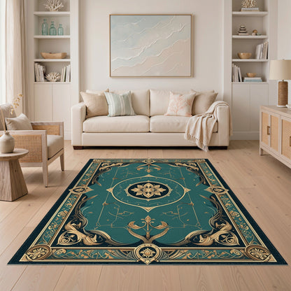 Blue and Teal Gold Persian Medallion Area Rug