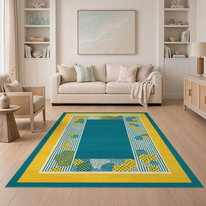 Blue and Teal Geometric Area Rug with Yellow Border