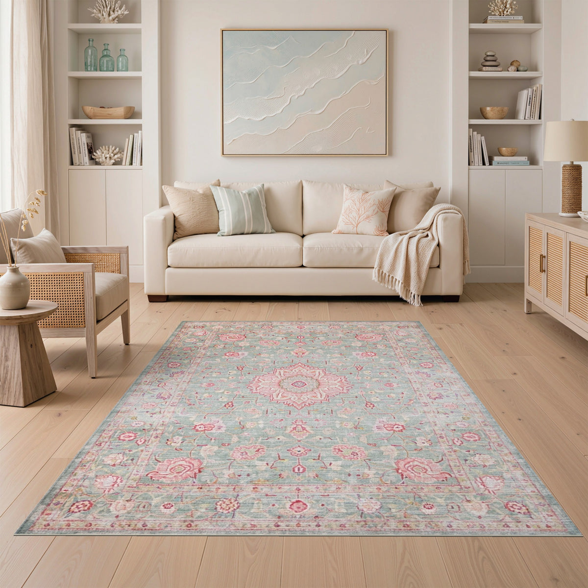 Floral Vintage Teal Pink Rose Floral Vintage Area Rug