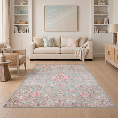 Floral Vintage Teal Pink Rose Floral Vintage Area Rug