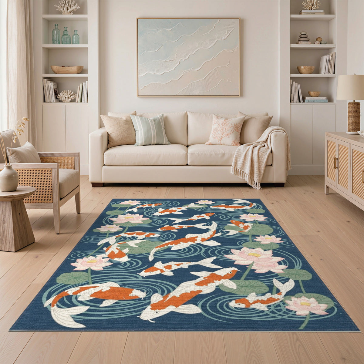 Blue Koi Lotus Pond Area Rug