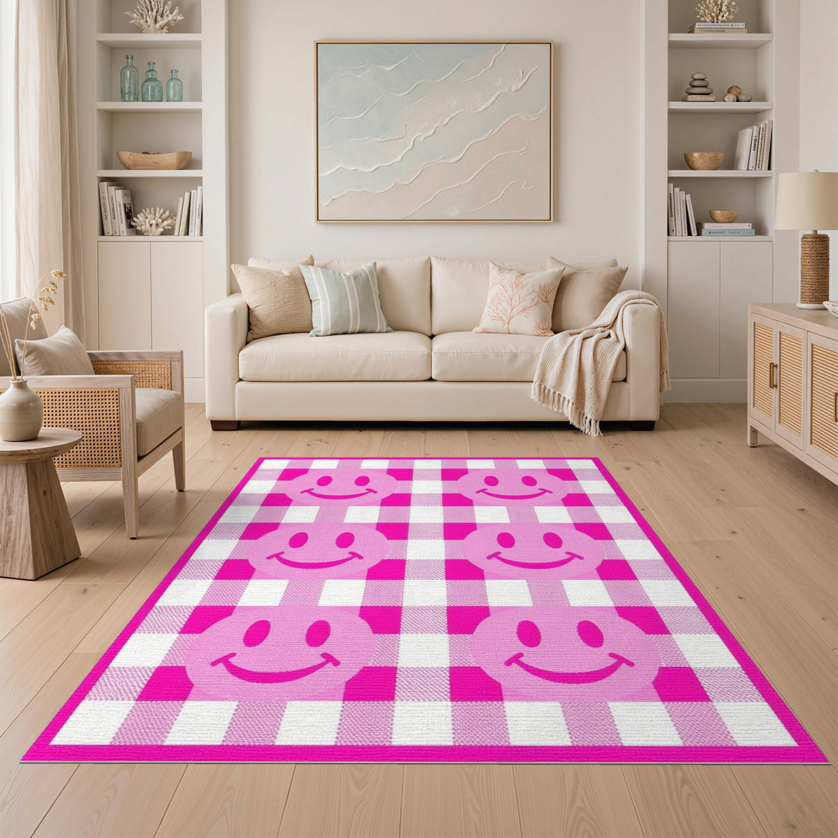 Pink Smiley Face Gingham Washable Area Rug