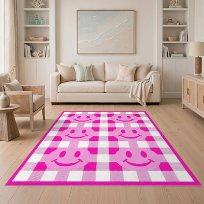 Pink Smiley Face Gingham Washable Area Rug