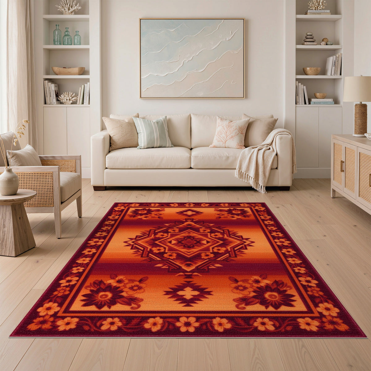 Southwestern Red Geometric Area Rug with Floral Border