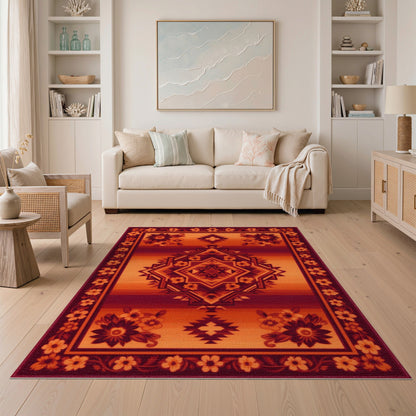 Southwestern Red Geometric Area Rug with Floral Border