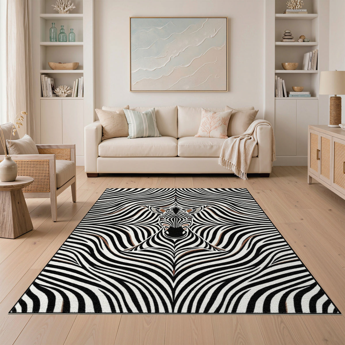 Zebra Face Black White Geometric Area Rug