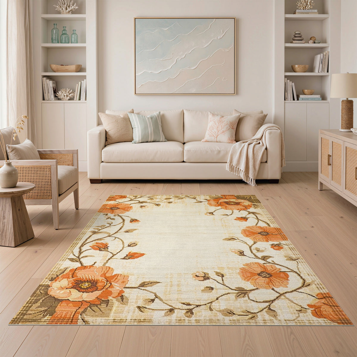 Orange Poppy Floral Vintage Rug