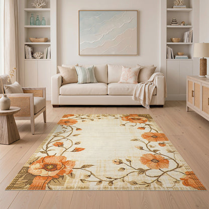 Orange Poppy Floral Vintage Rug