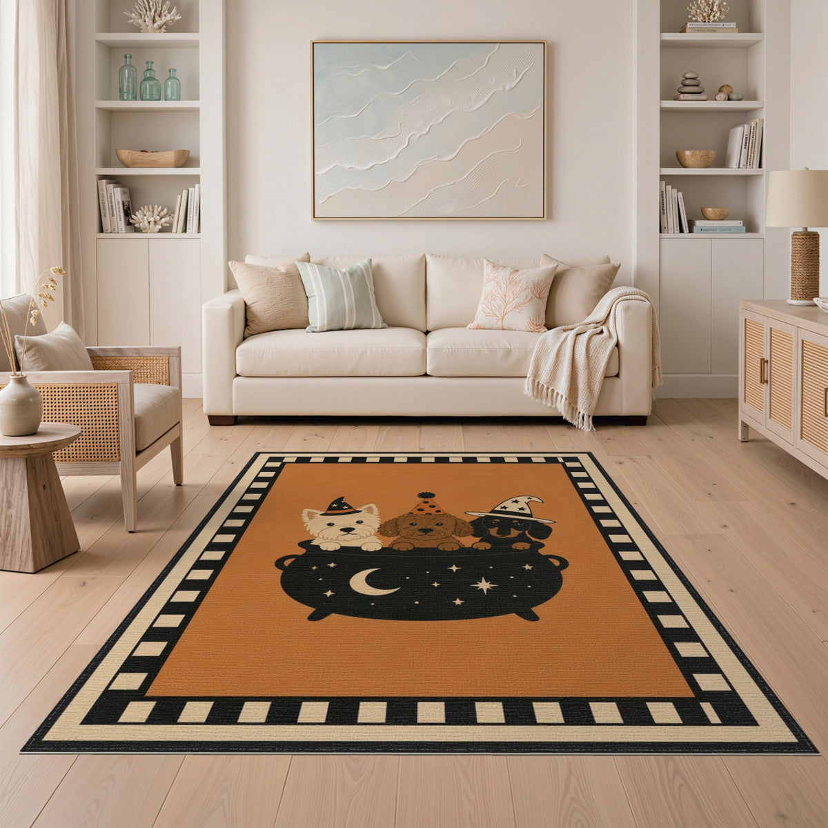 Dogs in Witch Hats Cauldron Halloween Area Rug